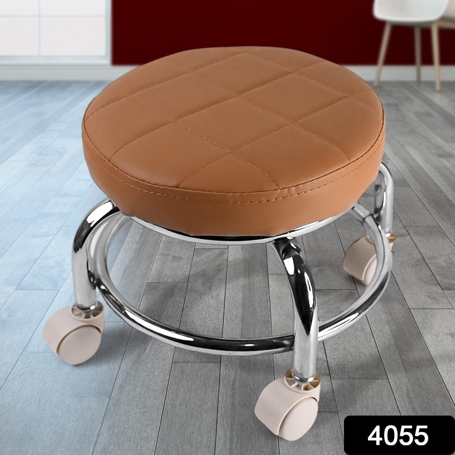 Wukusy heavy duty steel base round rolling stool with wheels, ideal for pedicure or home improvement tasks, shown from side angle.