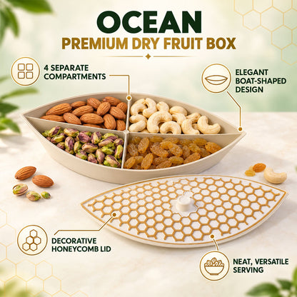 Wukusy boat-shaped dry fruit serving box with honeycomb lid featuring four compartments for snacks or dry fruits.