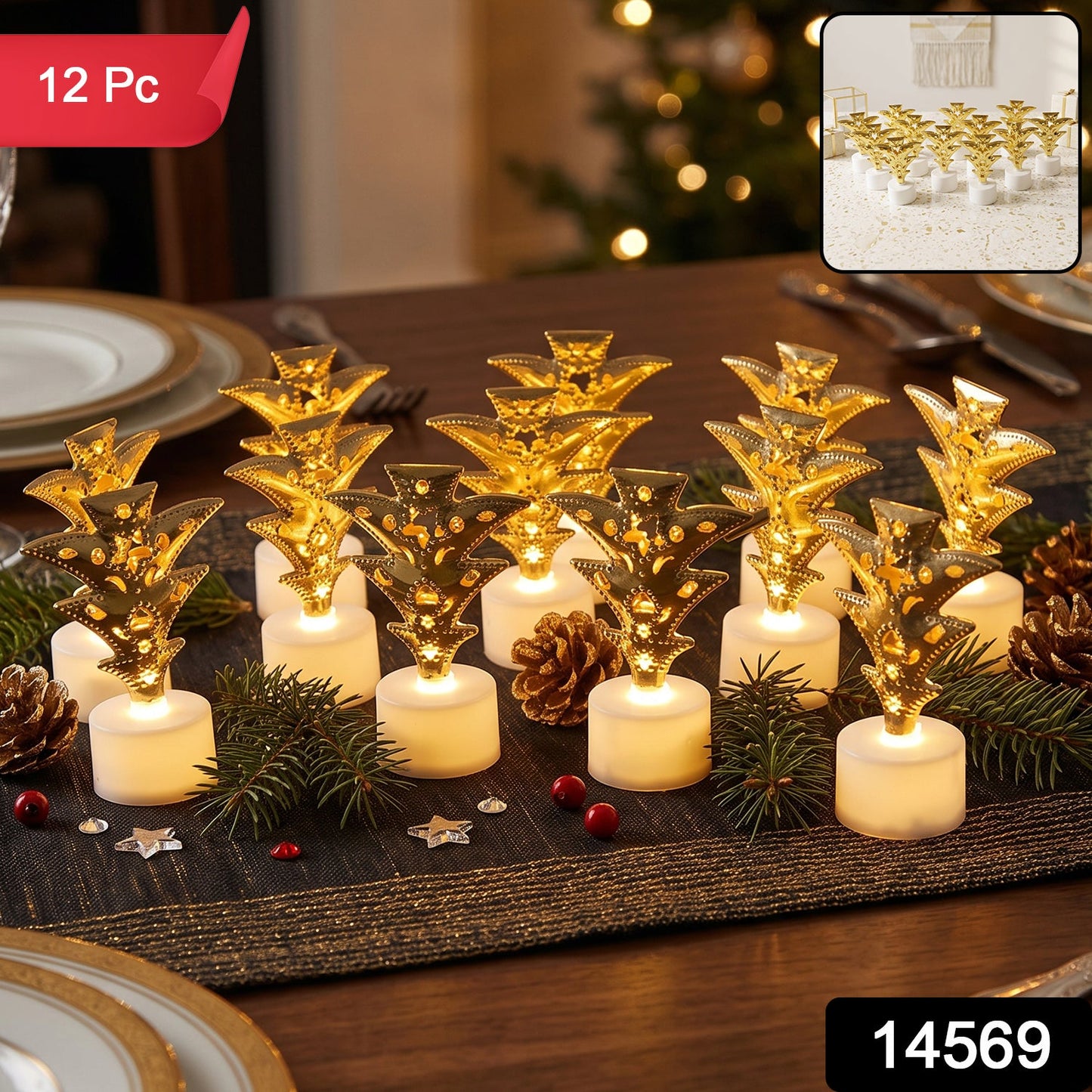 Set of 12 Wukusy Golden Christmas Tree LED tealight candles for festive home decor, with warm glow and decorative tree design.
