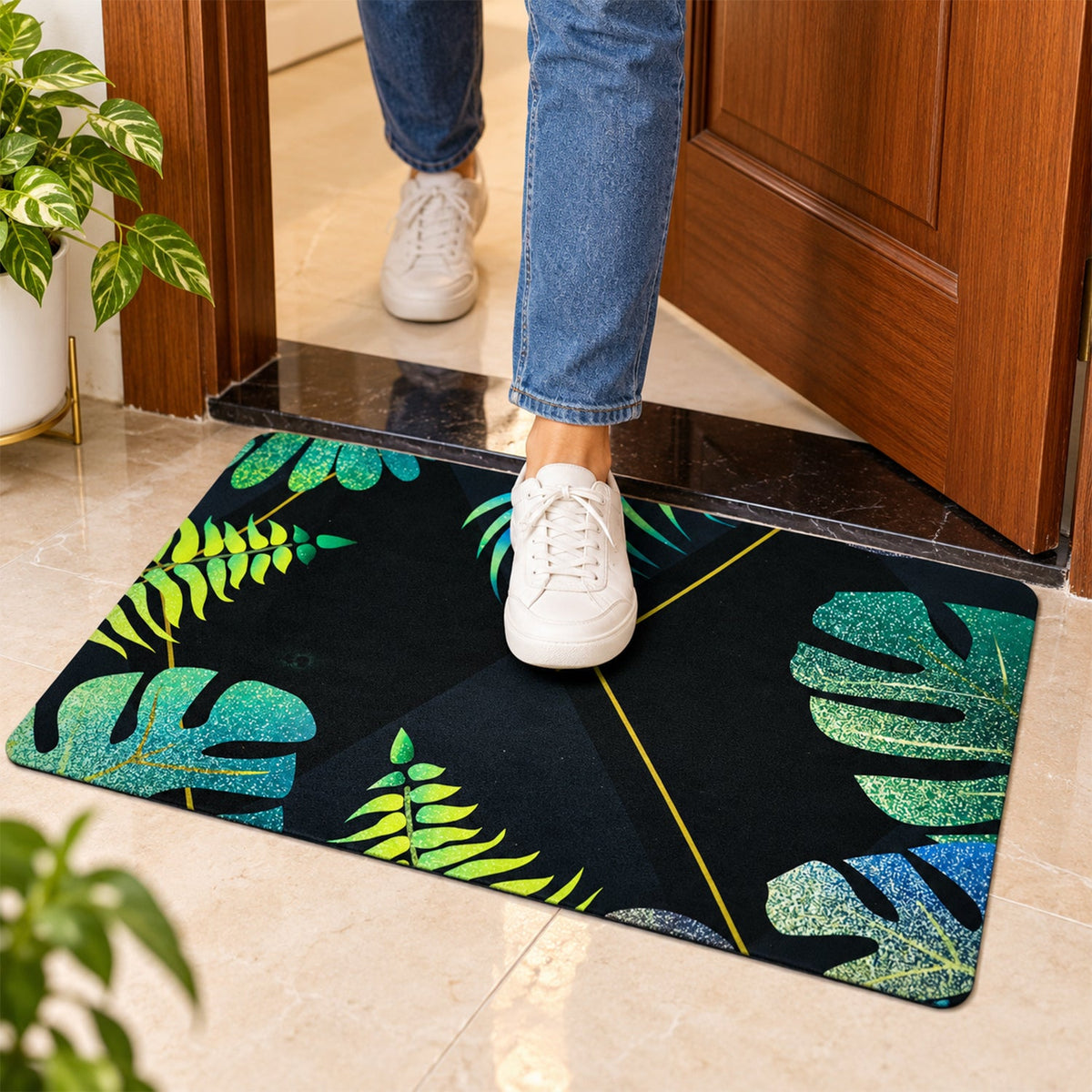 Decorative tropical leaf print floor mat by Wukusy, indoor doorway rug, 59.5x40 cm with vibrant green leaf design