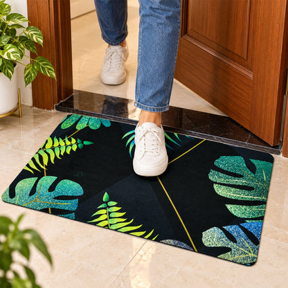 Decorative tropical leaf print floor mat by Wukusy, indoor doorway rug, 59.5x40 cm with vibrant green leaf design