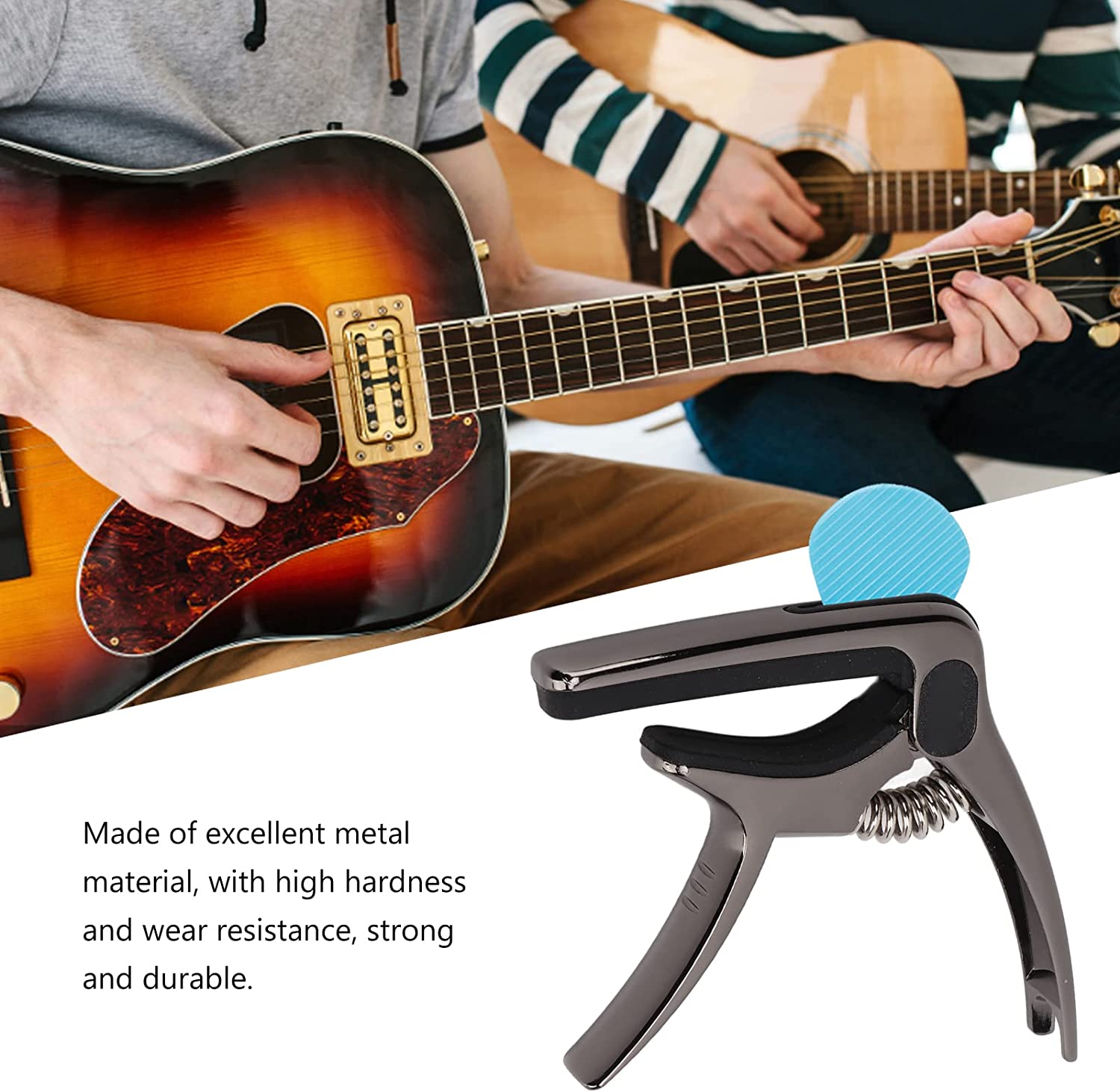Wukusy 6141 guitar capo with pickup stand and soft pad for acoustic, electric guitar, ukulele, mandolin, and banjo accessories.