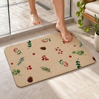 Wukusy botanical berry print bath mat with linen look, anti-slip floor rug, 57x38 cm, featuring colorful berry and leaf design.