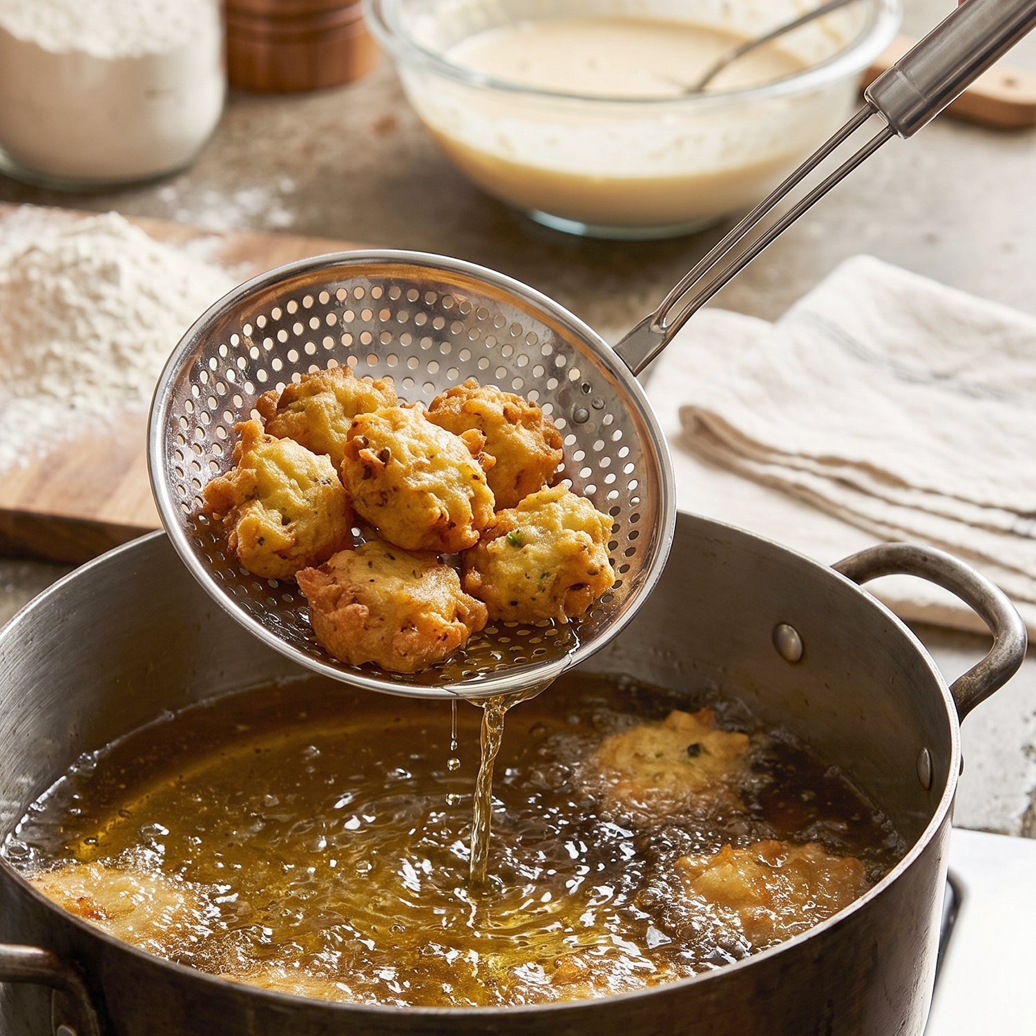 Wukusy stainless steel frying strainer skimmer spoon with long handle for scooping and draining fried foods, close-up view.