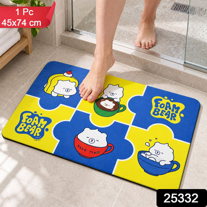 Absorbent bathroom mat featuring a cute cartoon bear print, quick-drying fabric, 45x74 cm, by Wukusy.