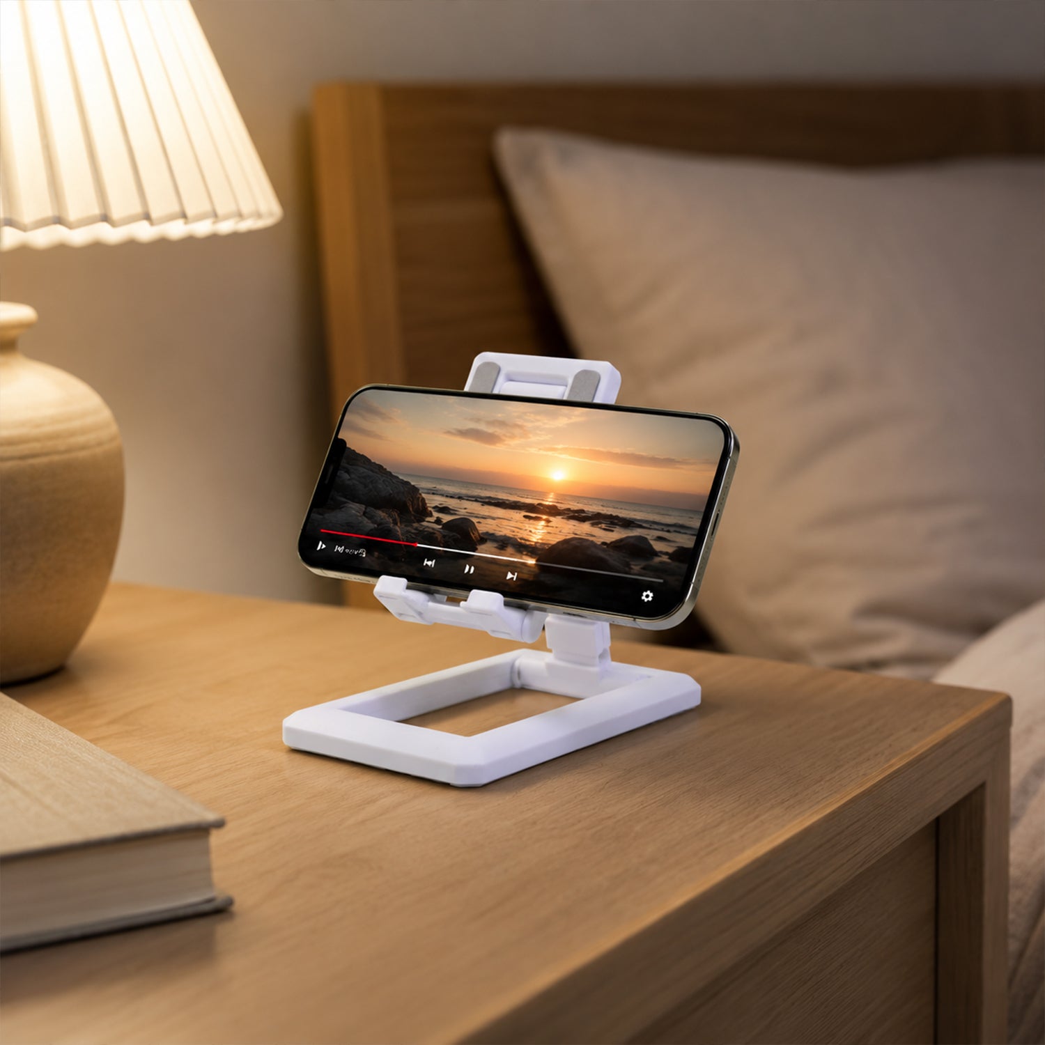 Foldable plastic mobile phone holder stand by Wukusy, adjustable desk stand for office use, shown in a neutral position.