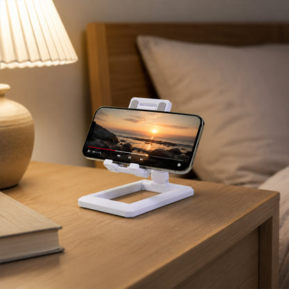 Foldable plastic mobile phone holder stand by Wukusy, adjustable desk stand for office use, shown in a neutral position.