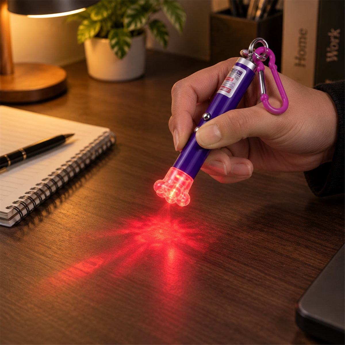 Wukusy laser pointer keychain with flower cap, clip, and compact design for portable daily carry and easy use.