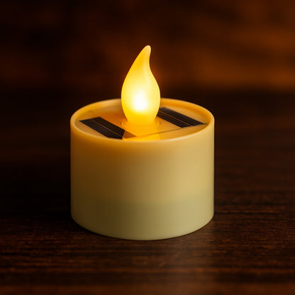 Wukusy solar powered LED flameless candle light emitting a warm glow, ideal for decorative and ambient lighting.