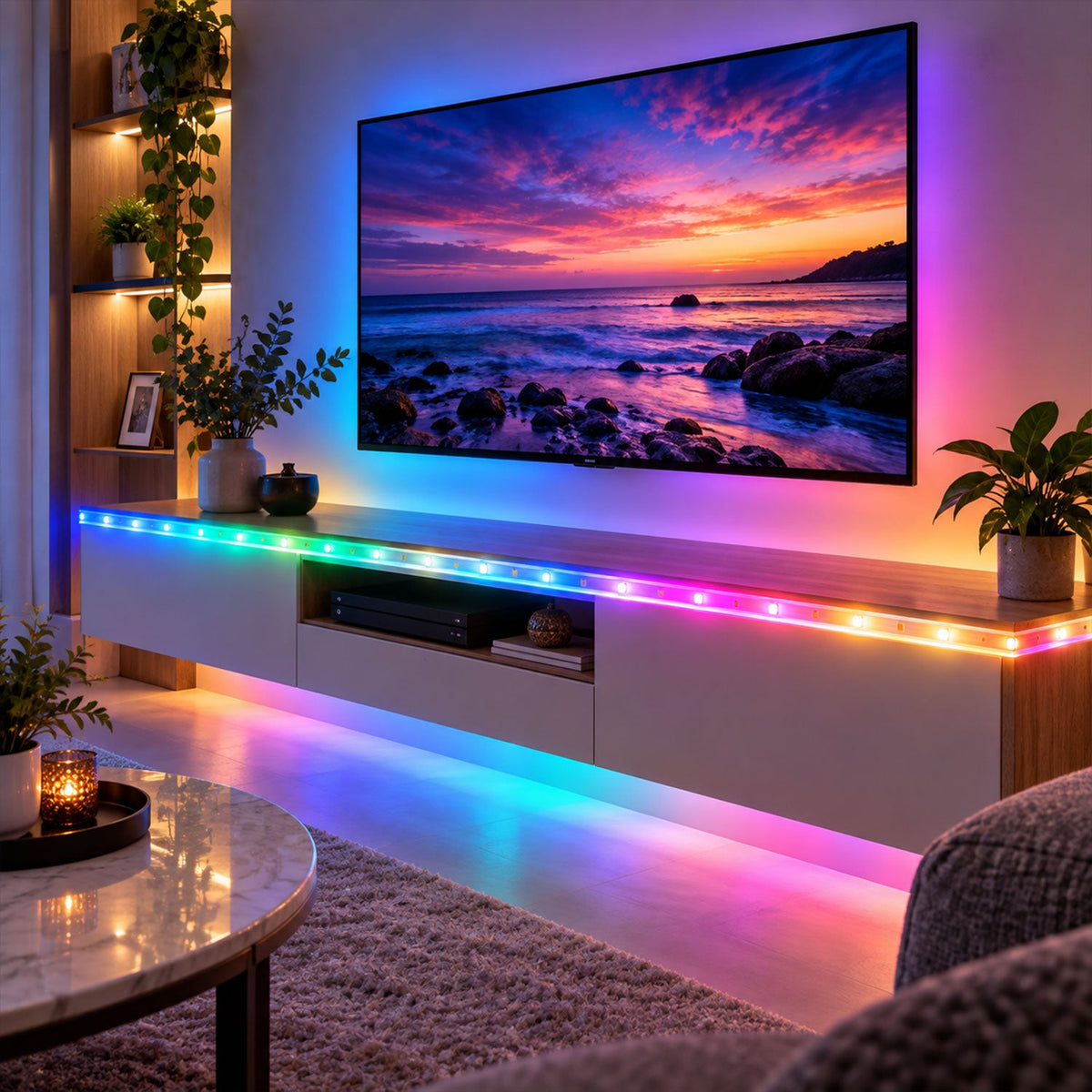 RGB decorative LED running rope light with inline controller by Wukusy, ideal for home room decor and ambient lighting.