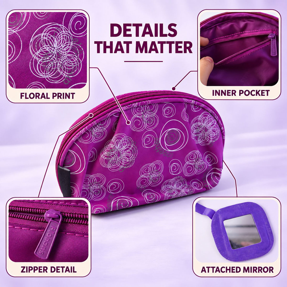 Wukusy floral cosmetic zipper pouch with attached mirror, travel storage bag, 20x11 cm, featuring colorful floral pattern and compact design.