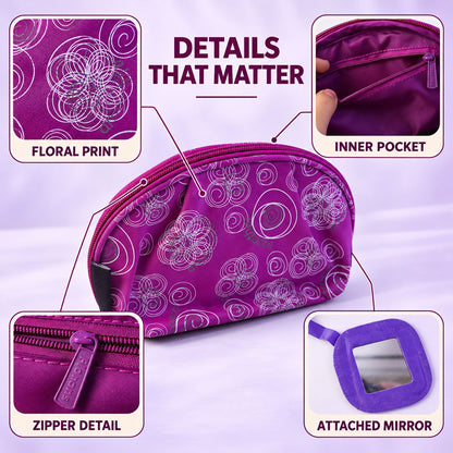 Wukusy floral cosmetic zipper pouch with attached mirror, travel storage bag, 20x11 cm, featuring colorful floral pattern and compact design.