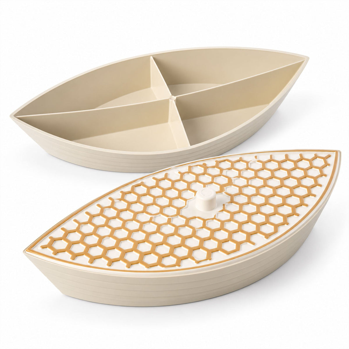 Wukusy boat-shaped dry fruit serving box with honeycomb lid, featuring four compartments for snacks or nuts.