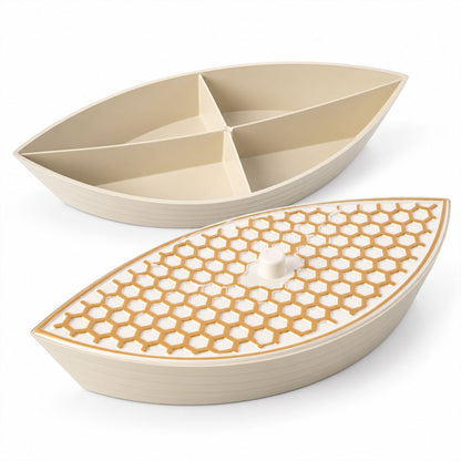 Wukusy boat-shaped dry fruit serving box with honeycomb lid, featuring four compartments for snacks or nuts.