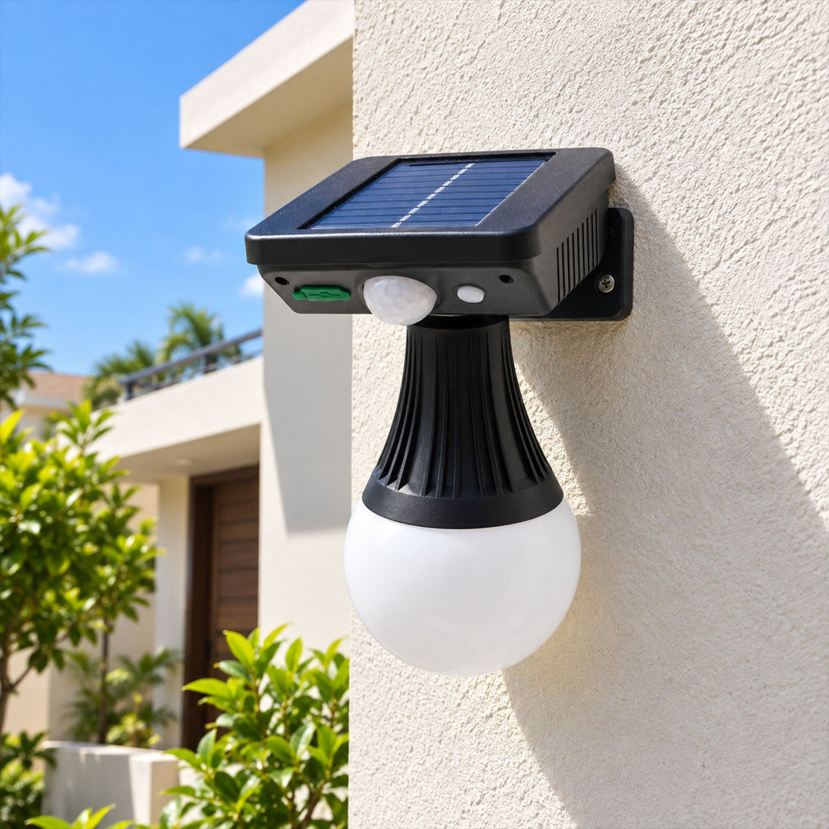 Wukusy solar motion sensor wall light with frosted bulb illuminating porch and garden area, 200W outdoor lighting fixture
