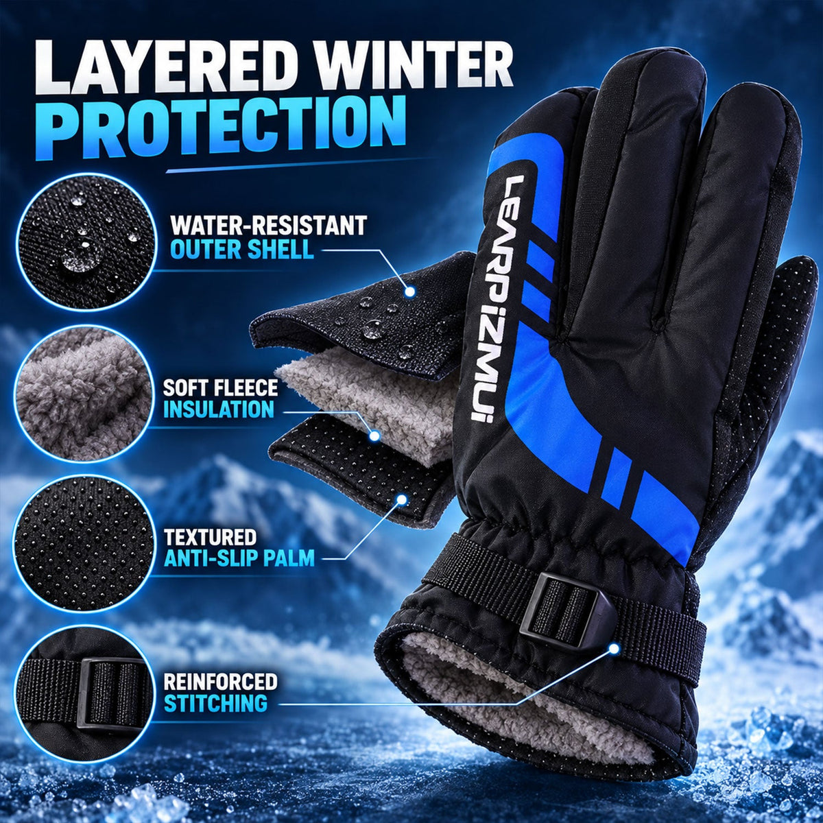 Wukusy winter full-finger gloves with fleece lining and adjustable wrist buckles, shown in black on a white background.