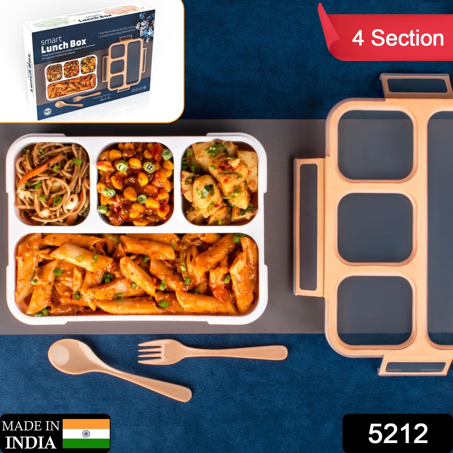 Wukusy 5212 lunch box with four compartments and leak-proof design, ideal for school or office use, showing its sleek exterior.