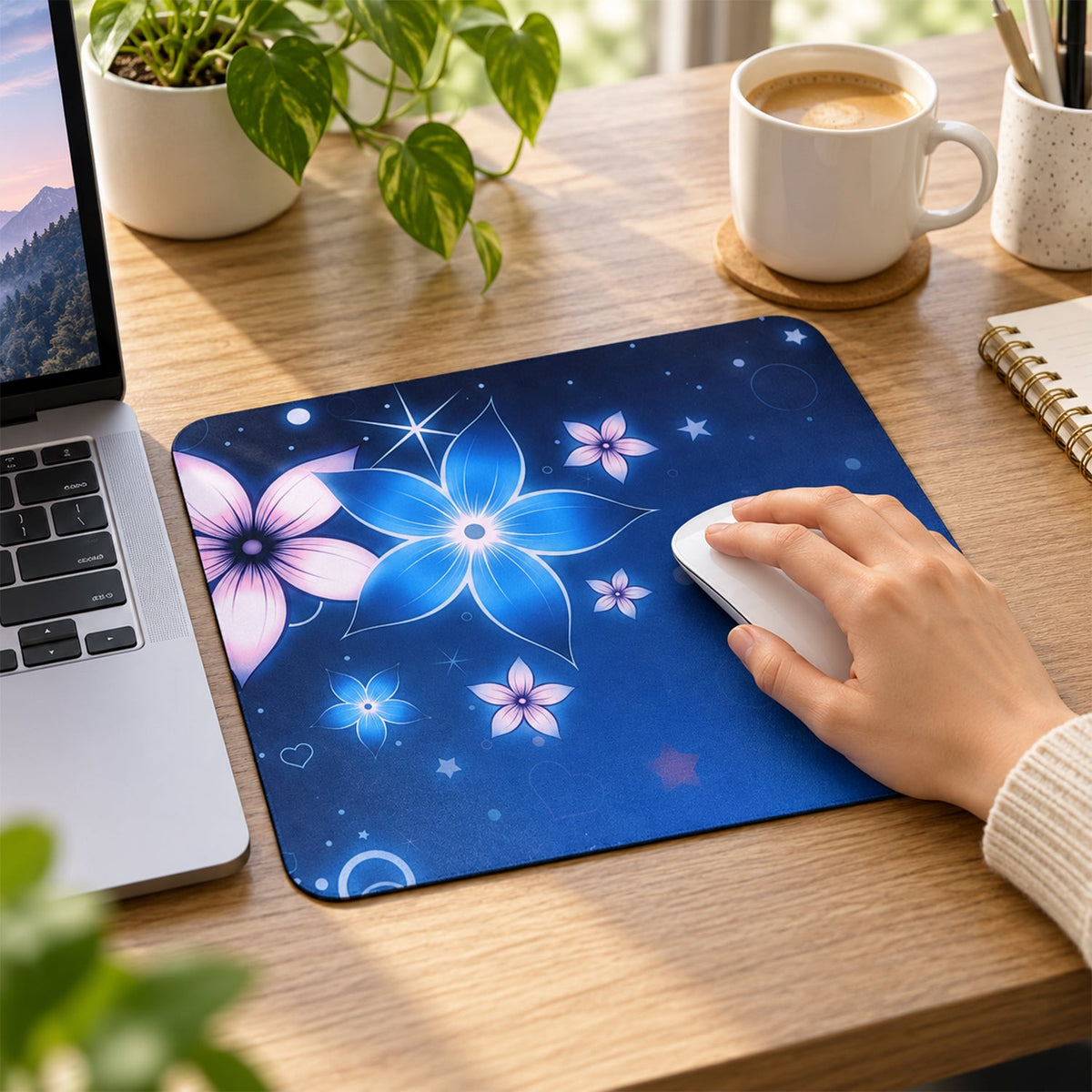 Wukusy floral mouse pad with non-slip rubber base, 26x21 cm, featuring colorful floral design on smooth surface.