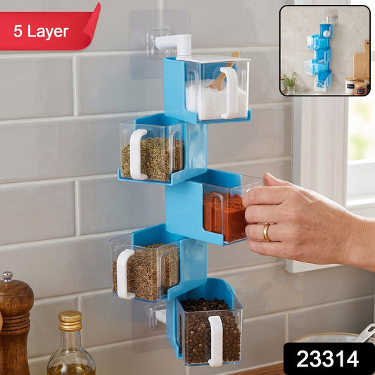 Wukusy plastic rotating seasoning box set with 5-layer wall-mounted spice rack for organized kitchen storage