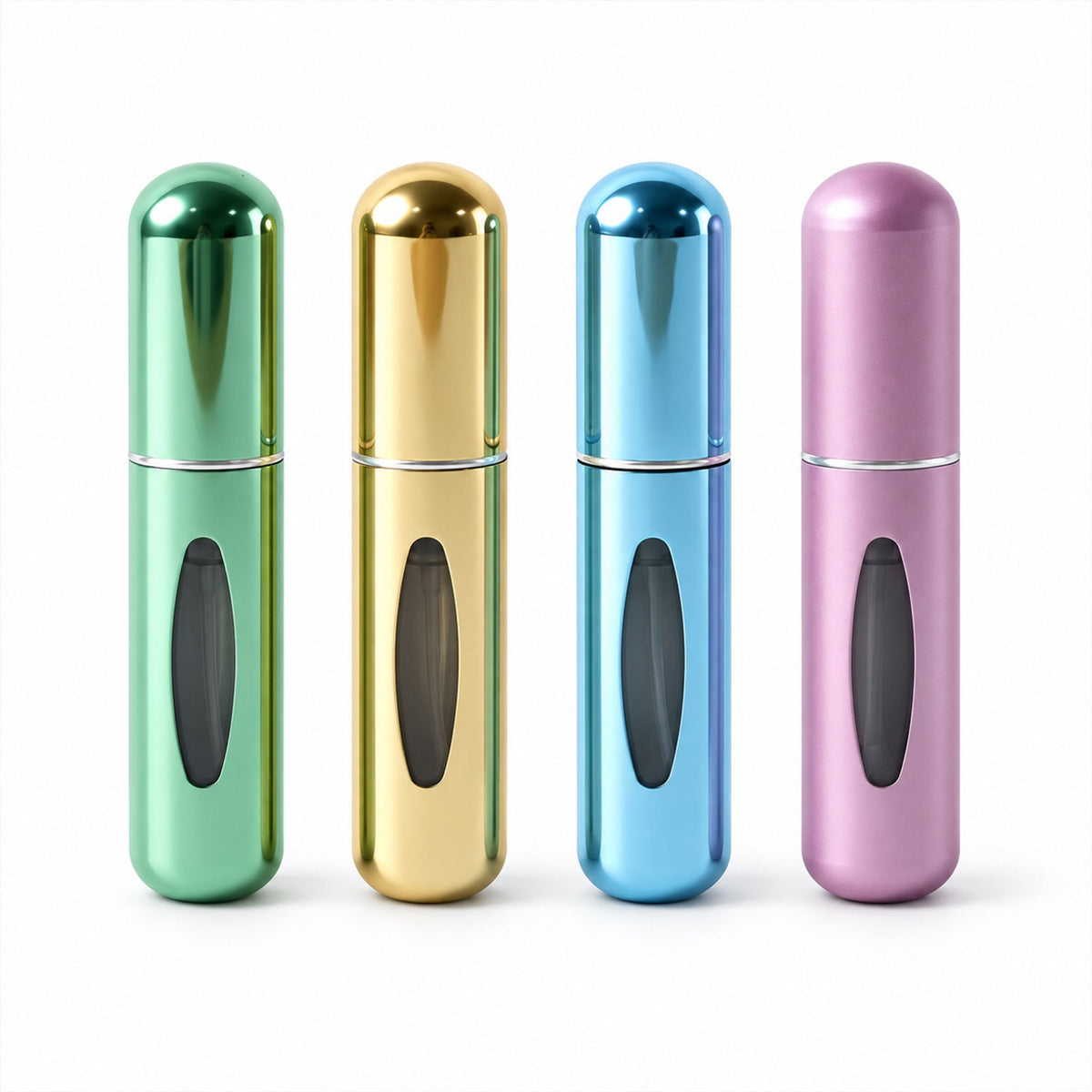 Set of four Wukusy mini refillable perfume spray bottles with refill valves, ideal for travel and portable fragrance storage.