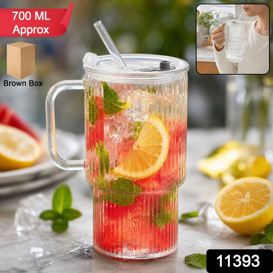 Wukusy glass tumbler with lid, straw, and handle for cold beverages and juice, clear and sturdy for everyday use