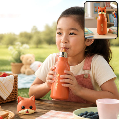 Kids Stainless Steel Vacuum Water Bottle With Cute Fox Cap And Straw For School