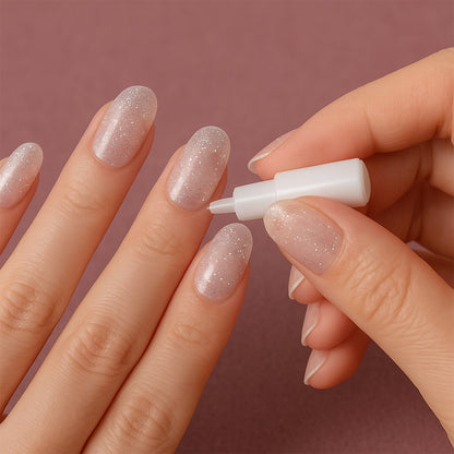 Set of Wukusy premium glitter 3D floral press-on artificial nail tips with nail glue, showcasing decorative nail designs and craftsmanship.