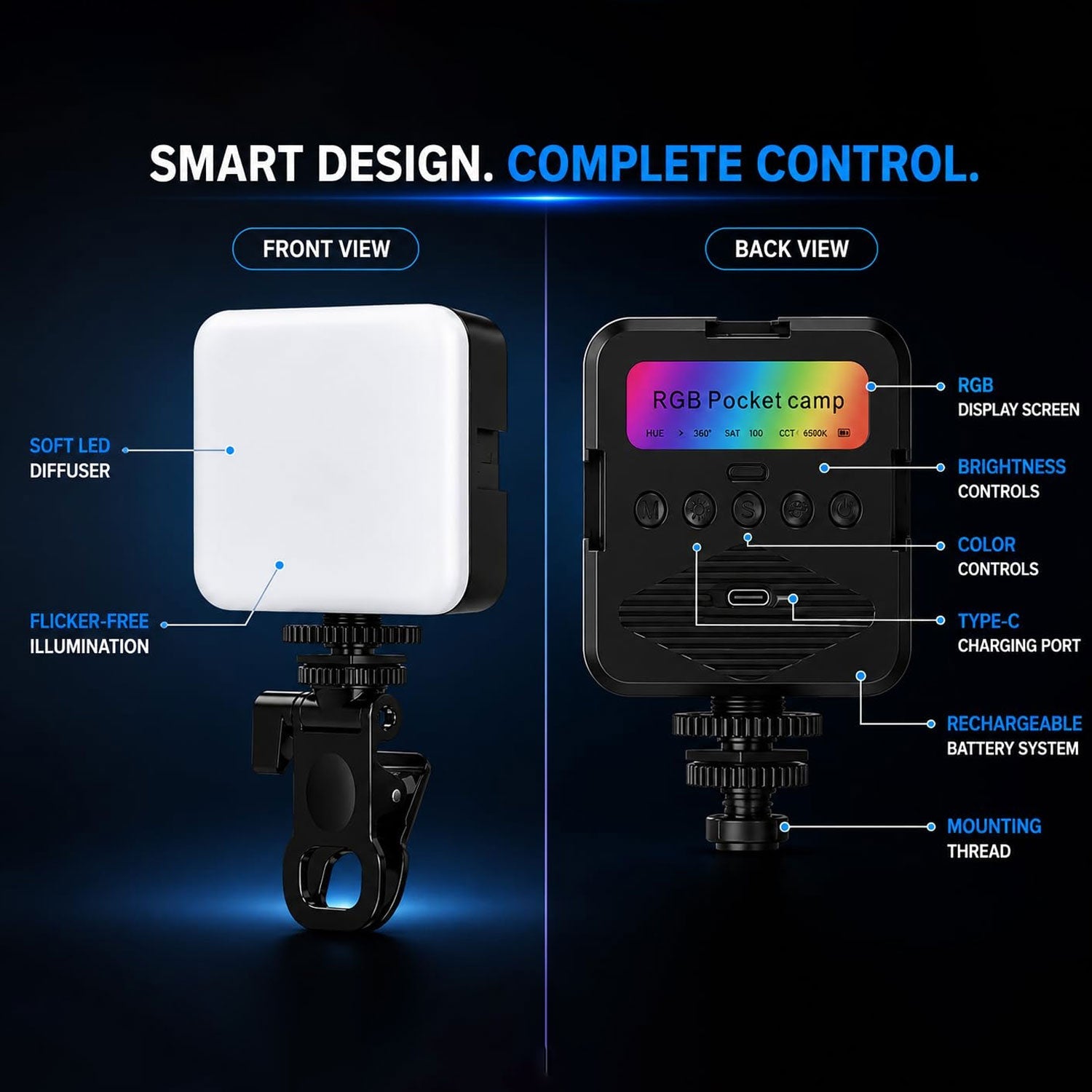 Portable Rechargeable Rgb Camera Led Light With Clip Mount For Content Creation