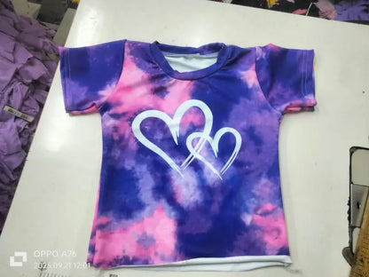 Kids Tie-Dye Heart Print Summer Set  Purple & Pink Tie-Dye T-Shirt and Shorts Set