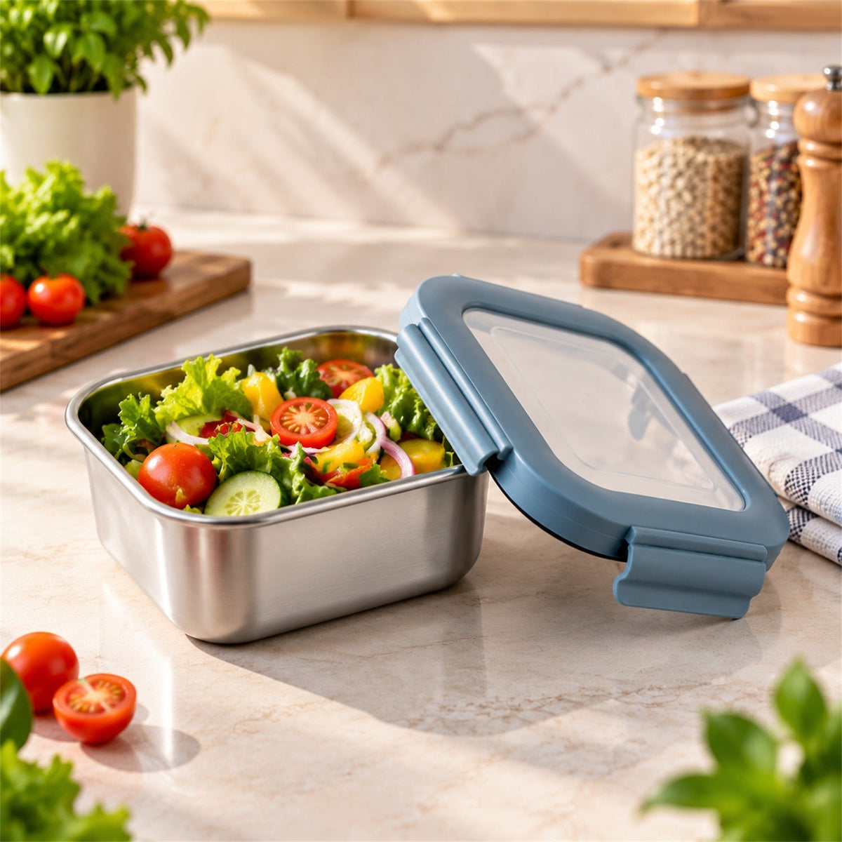 Wukusy Apex Square Steel Food Container with 300ml capacity and clip lock lid, ideal for lunch storage.