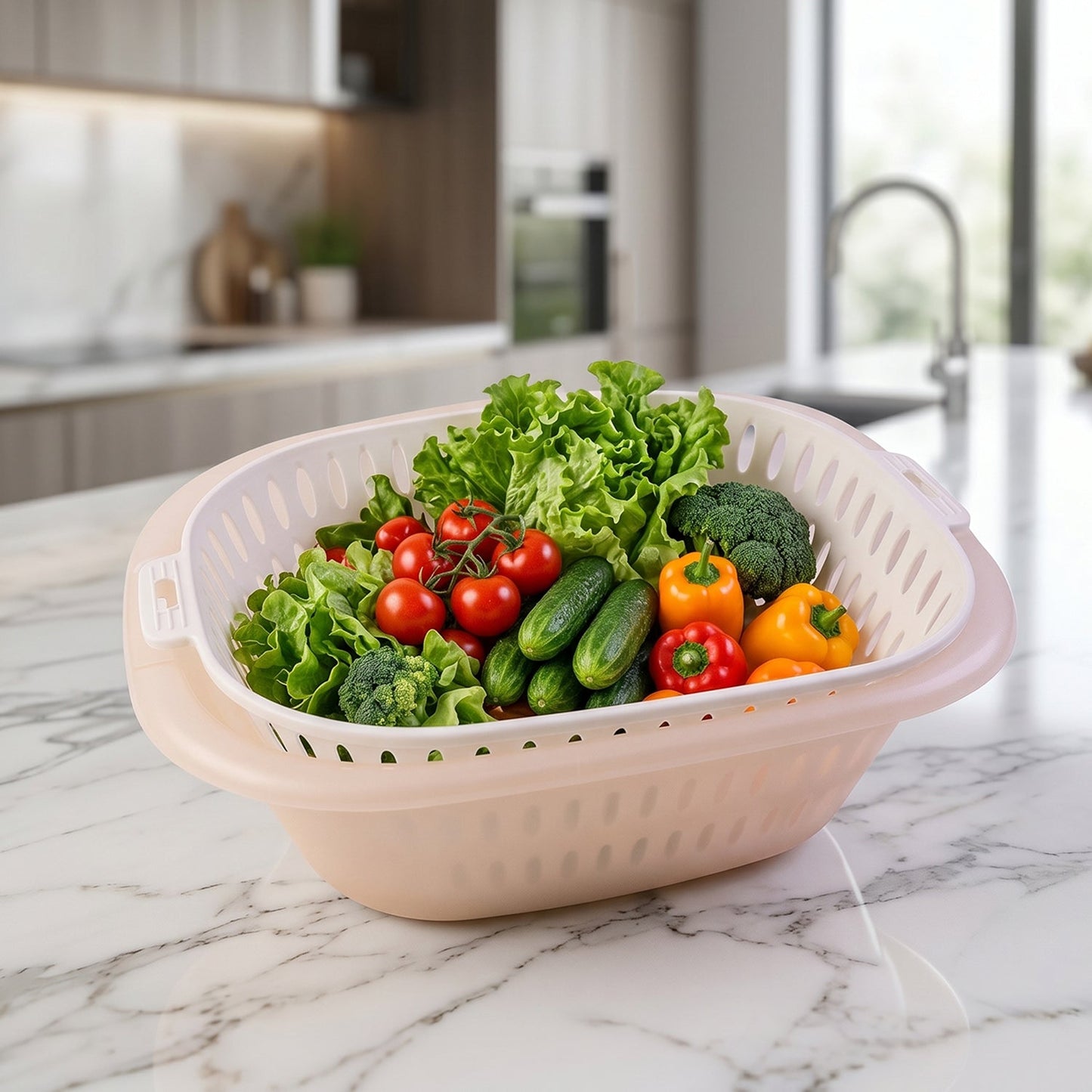 2 In 1 Plastic Double Drain Basket Strainer Washing Bowl Colander (2 Pc Set)