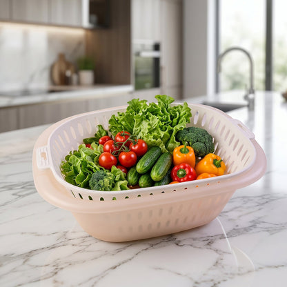 2 In 1 Plastic Double Drain Basket Strainer Washing Bowl Colander (2 Pc Set)