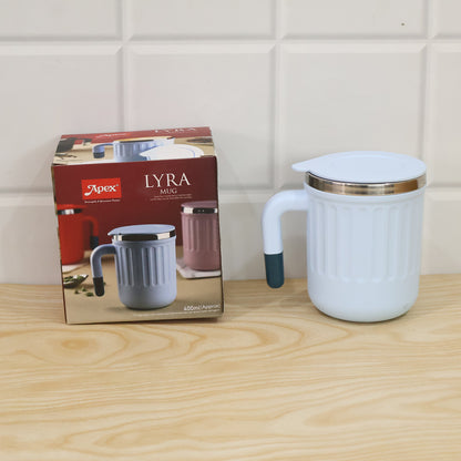 Wukusy Apex Office Mug 400ml with handle, lid, and steel rim, ceramic coffee mug for office use, shown from side view.