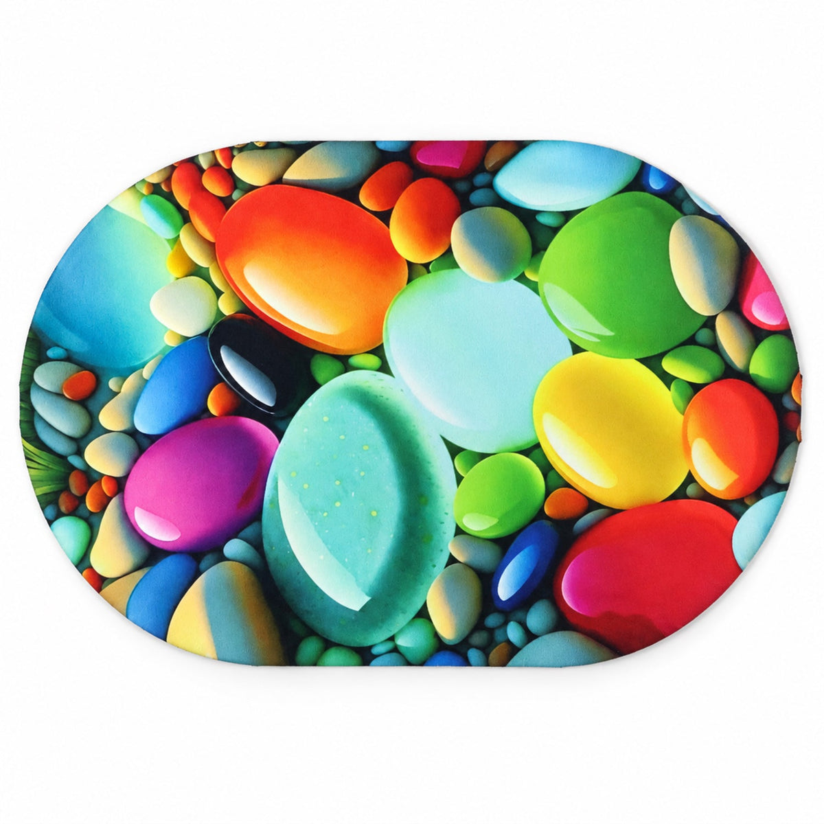 Colorful pebble print oval door mat by Wukusy, 57.5x38 cm, designed for home floor decor with vibrant pebble patterns.