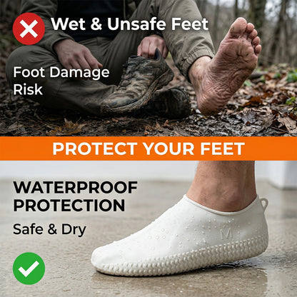 Pair of white Wukusy waterproof silicone shoe covers in medium size, designed to protect shoes from water and dirt.