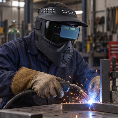 Wukusy automatic dimming welding mask with solar-powered filter, featuring adjustable headgear and clear viewing window.