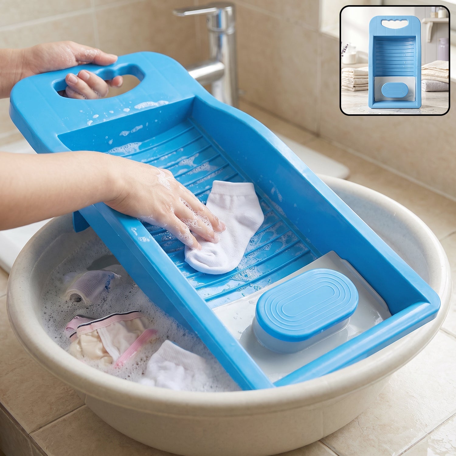 Portable plastic mini washing board with soap holder by Wukusy, designed for laundry and sock cleaning, compact and easy to use.