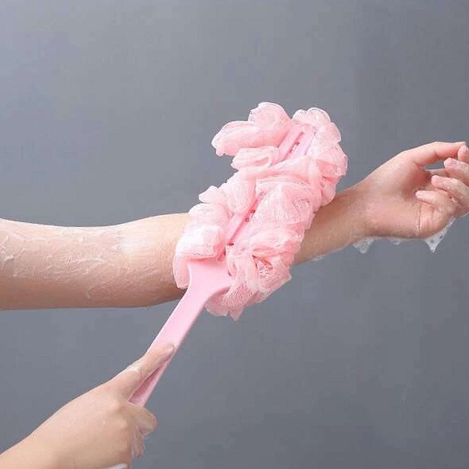 Wukusy 6702 loofah back scrubber with long handle, soft nylon mesh bath brush for shower and body cleaning for women and men