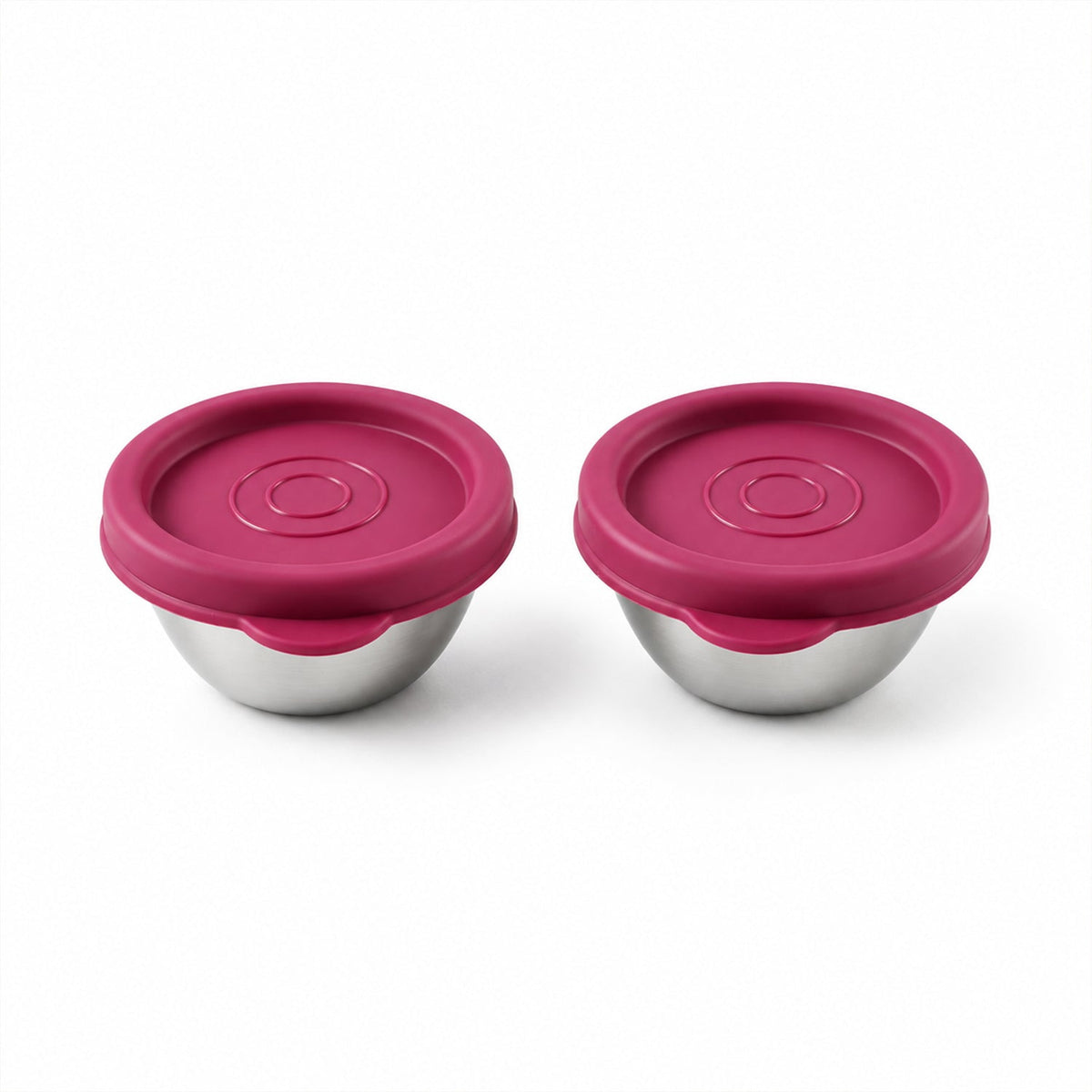 Two Wukusy Apex stainless steel food containers with lids, 70ml size, suitable for snacks and dips, shown with lids on.