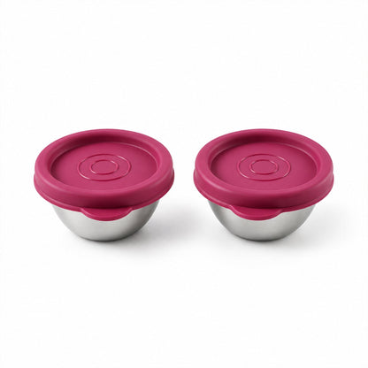 Two Wukusy Apex stainless steel food containers with lids, 70ml size, suitable for snacks and dips, shown with lids on.