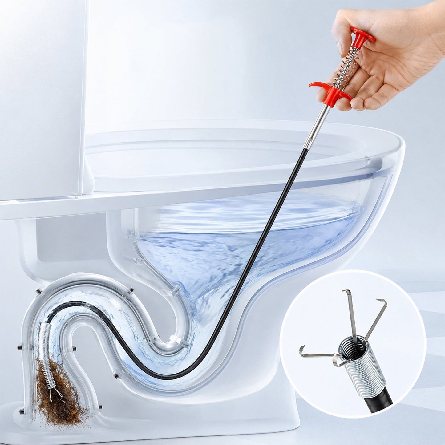 Wukusy 63-inch spring drain dredging tool with claw grabber for sink cleaning, shown in use with a flexible metal construction.