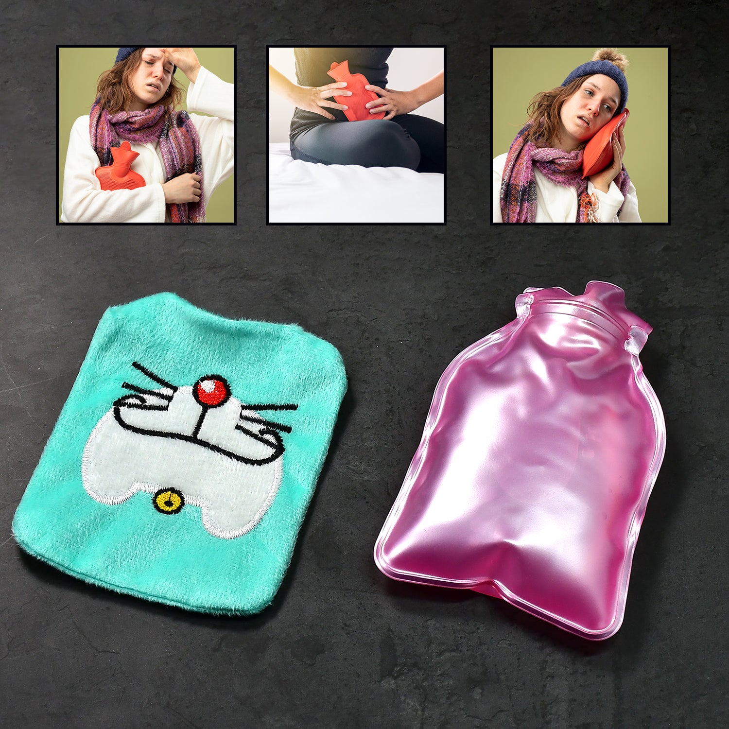 Wukusy Doremon cartoon small hot water bag with cover for pain relief, neck, shoulder, hand, foot warmth, and menstrual cramps.