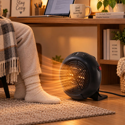 Wukusy compact electric room heater with temperature and timer controls, featuring a two-pin plug and modern design.