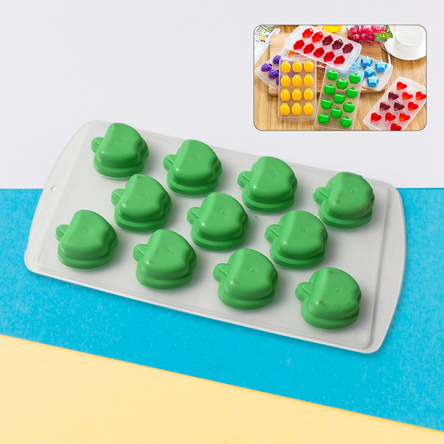 Wukusy silicone ice cube tray with colorful fruit-shaped molds for creative, multi-type ice cubes in a flexible silicone design.