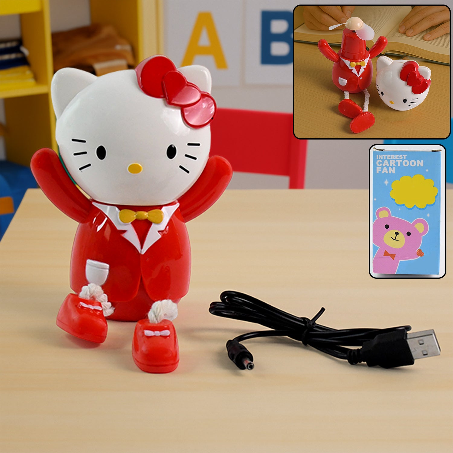 Wukusy USB cartoon character mini table fan for kids, compact office fan with colorful cartoon design and adjustable settings.