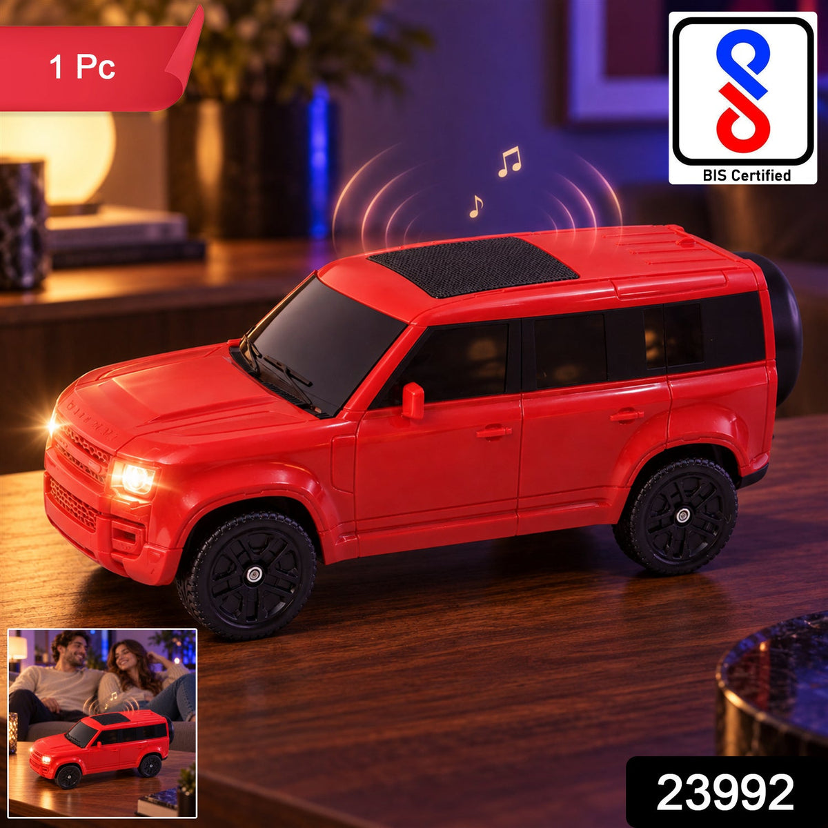 Wukusy car-shaped wireless speaker with light-up headlights and audio controls, featuring a sleek, detailed design for music playback.