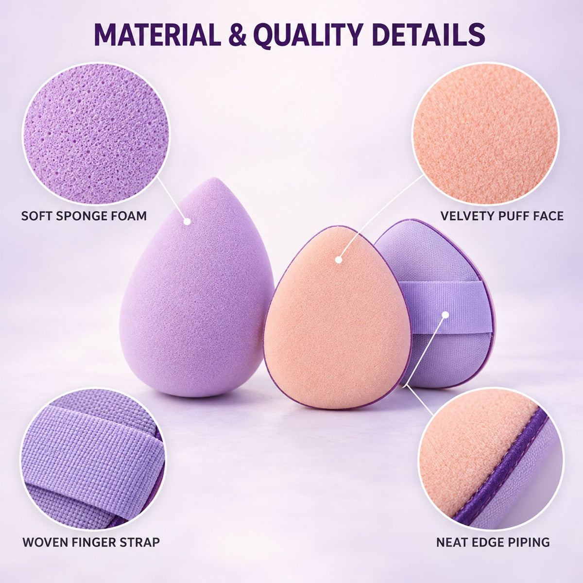 Wukusy 6-piece makeup blending sponge and powder puff set for face cosmetics, showing soft sponges and puffs for makeup application