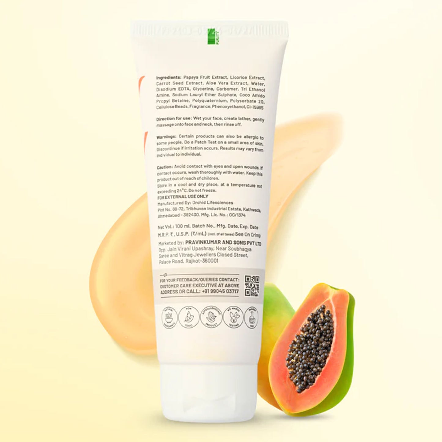 Wukusy Zequz Papaya Face Wash in a 100ml bottle, designed for healthy skin, with a clear view of the product bottle and label.