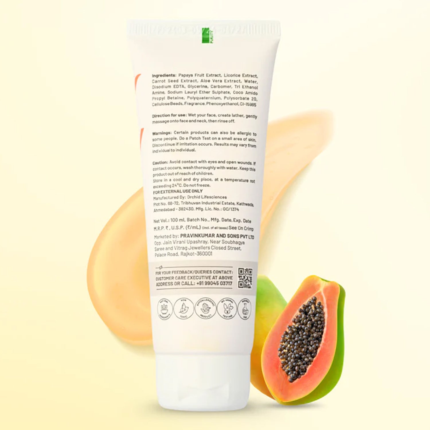 Wukusy Zequz Papaya Face Wash in a 100ml bottle, designed for healthy skin, with a clear view of the product bottle and label.