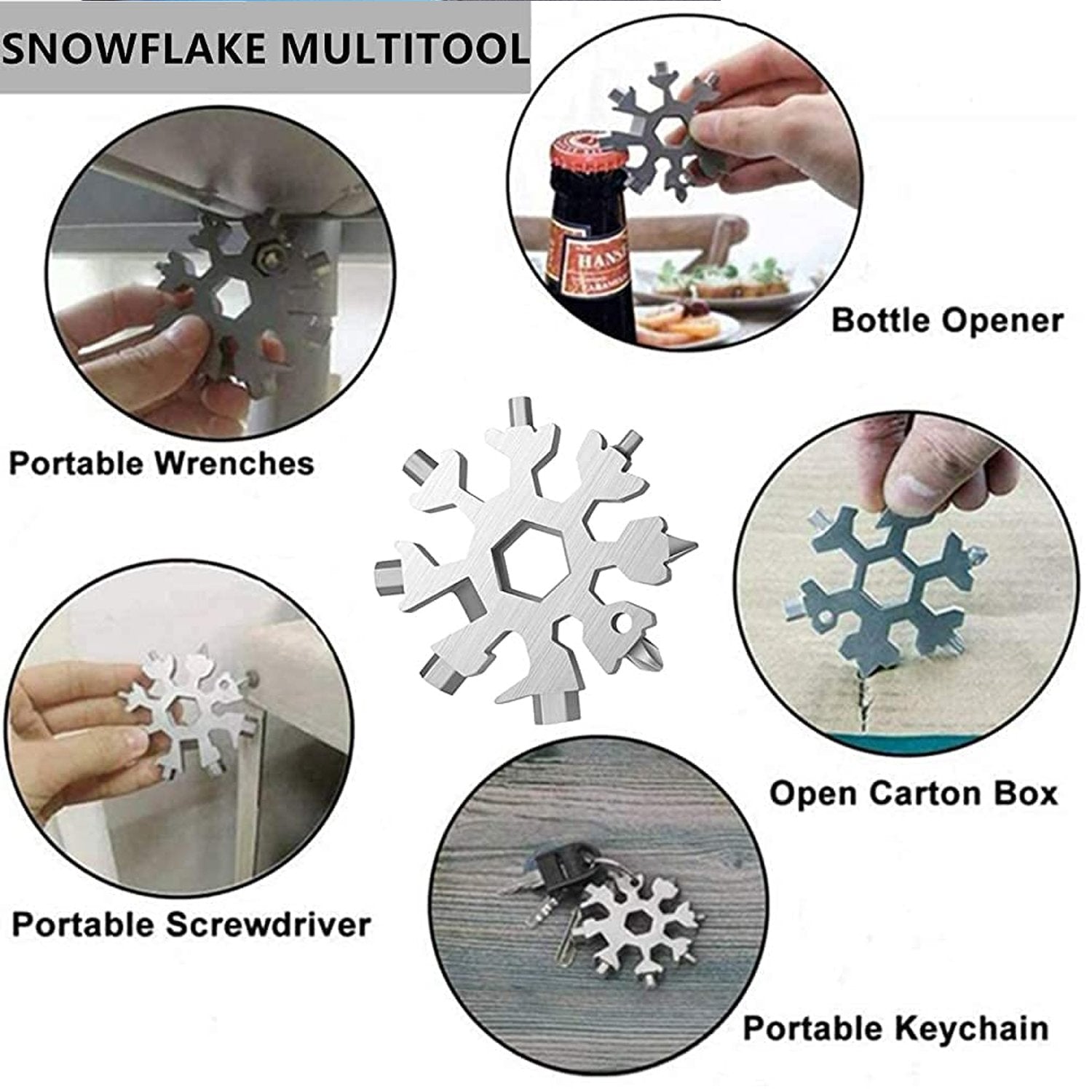 Wukusy 1787 Snowflake Multi-tool with stainless steel snowflake-shaped bottle opener and hardware features.